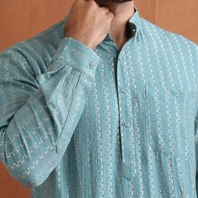 trueBrowns Men's Green Cotton Dobby Short Kurta