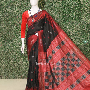 Dark Black Red Tribal Theme Bomkai Sambalpuri Silk saree