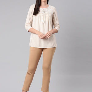 Women Solid Wheat Mid Rise Smart Fit Kurti Pant
