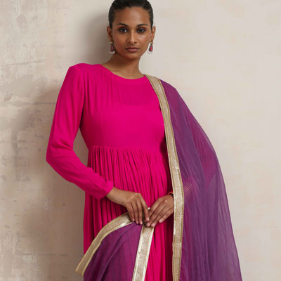 trueBrowns Pink Crinkle Anarkali Kurta Pant Dupatta Set