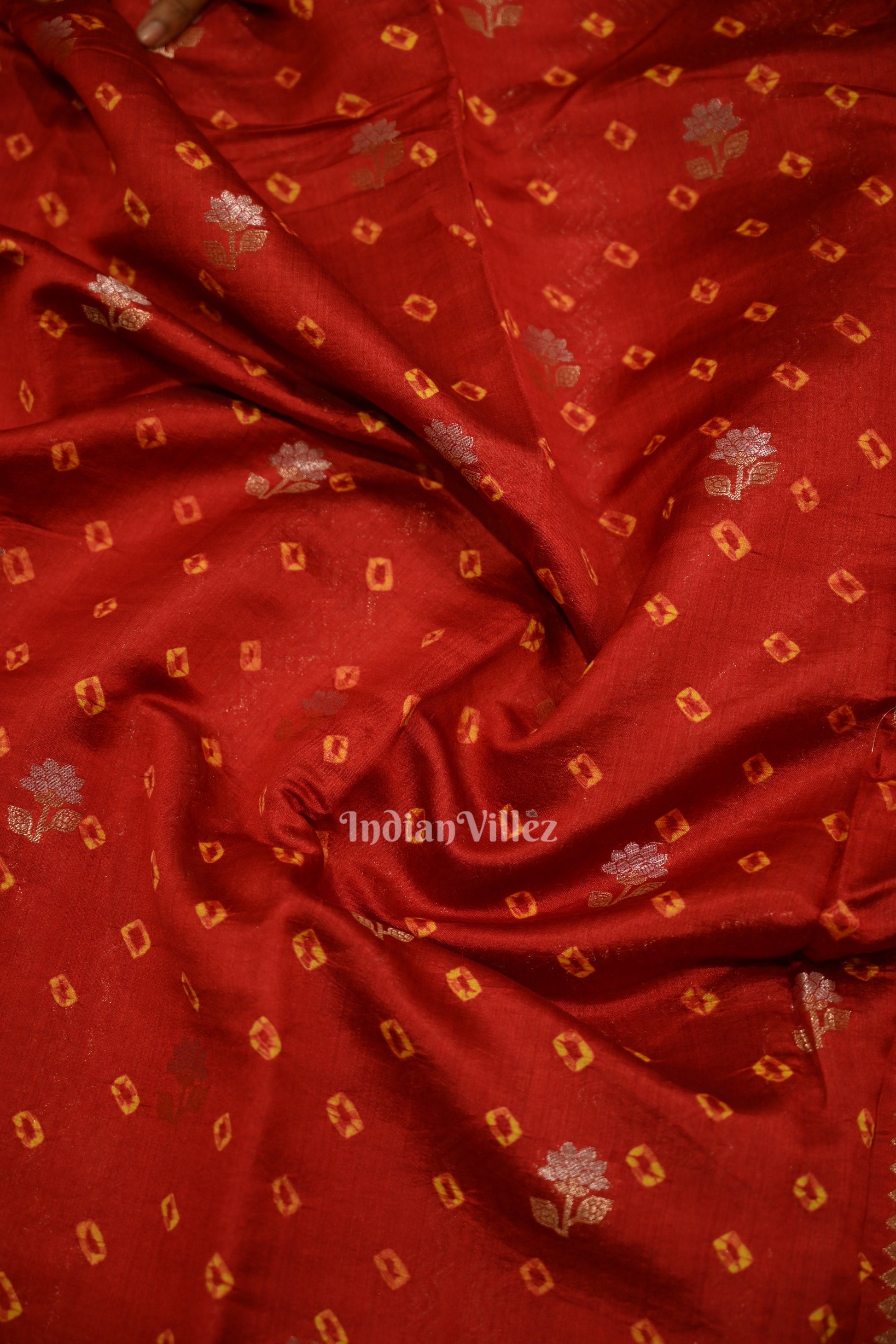 Maroon Red Bandhini Work Pure Chiniya Silk Banarasi Saree