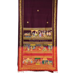 Deep Maroon Colour Ramayan Theme Hand-Painted Pattachitra Saree