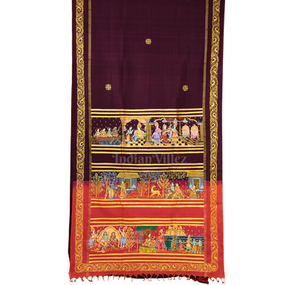 Deep Maroon Colour Ramayan Theme Hand-Painted Pattachitra Saree