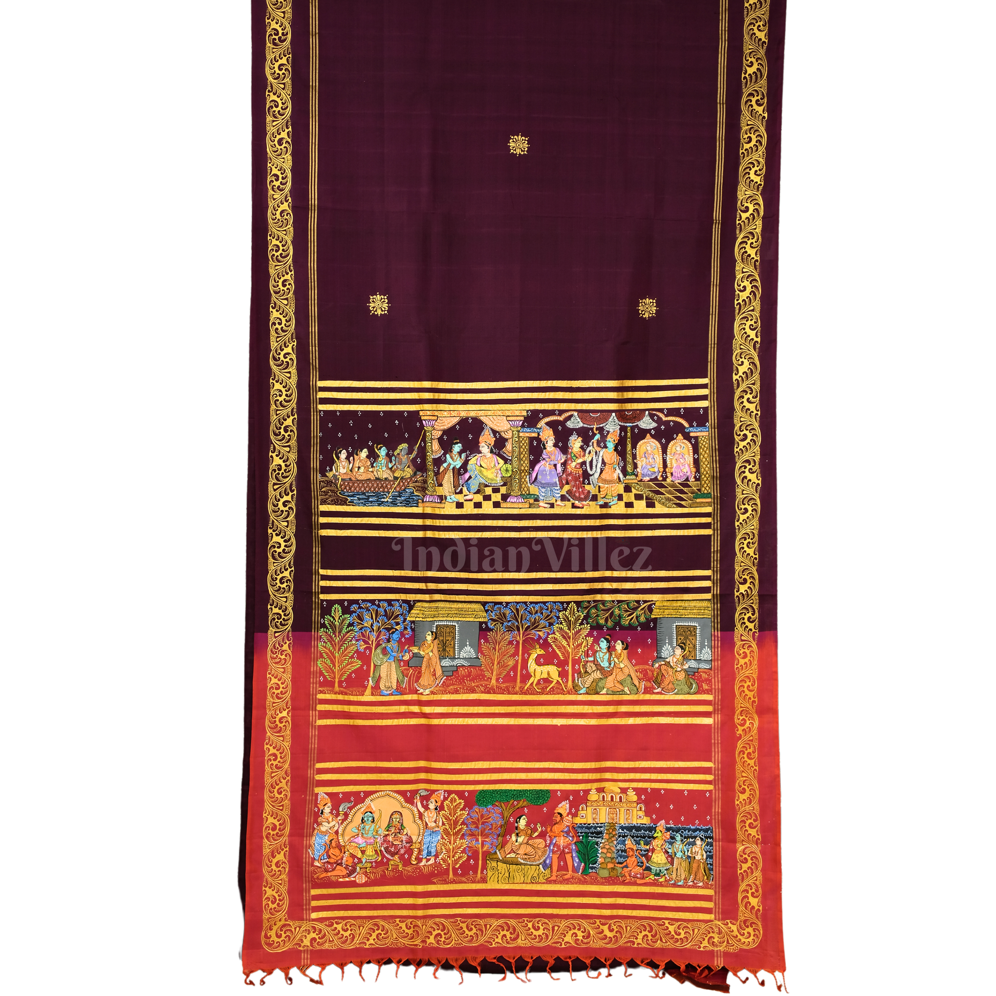 Deep Maroon Colour Ramayan Theme Hand-Painted Pattachitra Saree