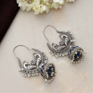 trueBrowns Silver Tone Peacock Jhumka Earrings