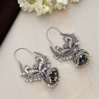 trueBrowns Silver Tone Peacock Jhumka Earrings