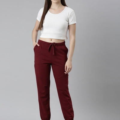 Women Solid Maroon Mid Rise Casual Joggers