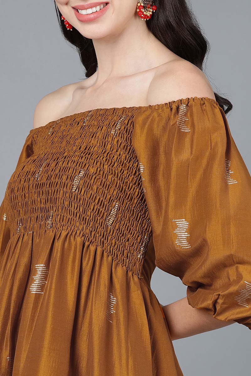 Brown Poly Silk Embellished Midi Dress VD1278