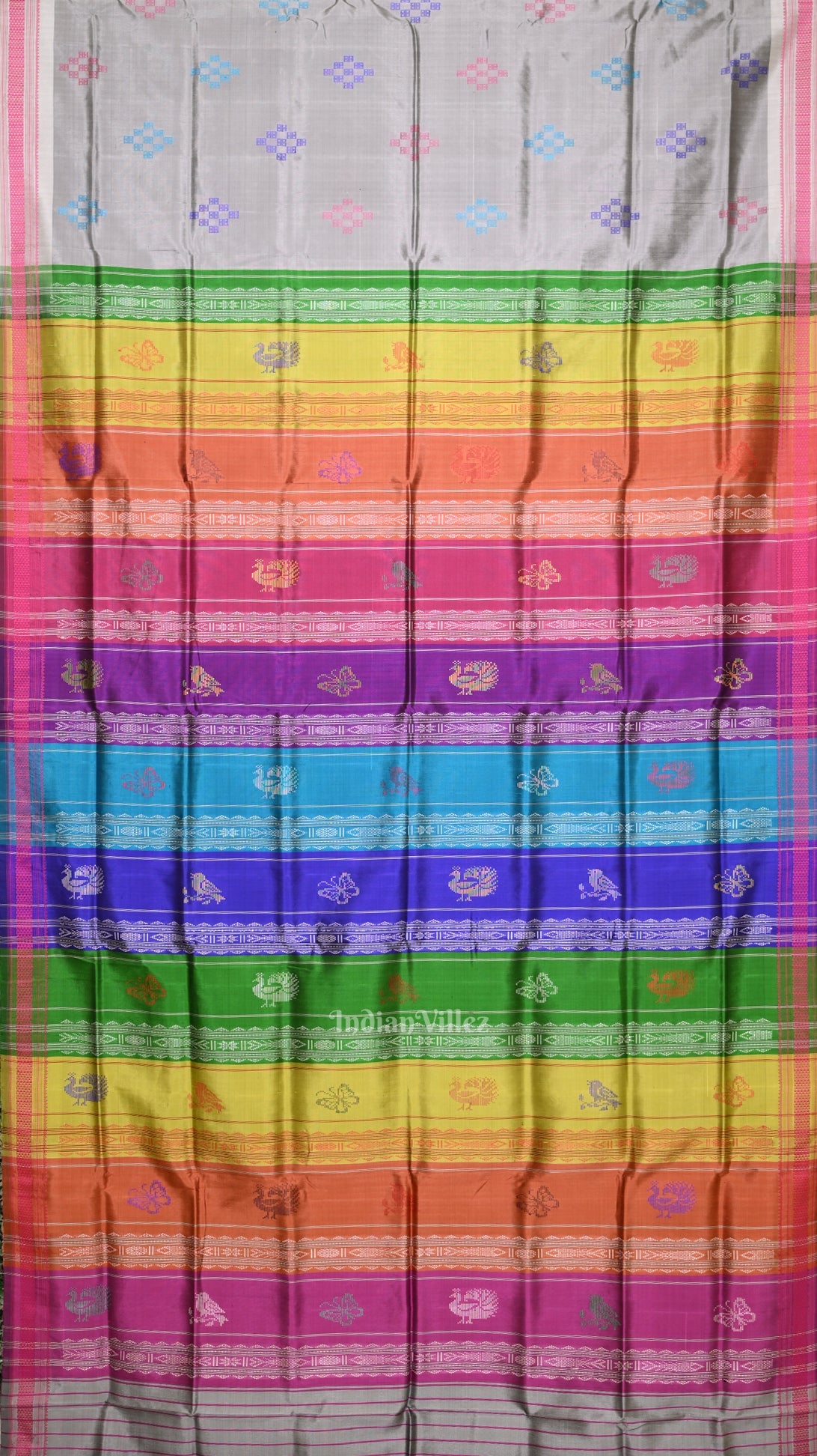 Gray Body Pasapali Double Pallu Berhampuri Silk Saree