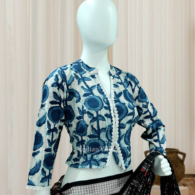 Light Blue Jodhpuri Block Print Cotton Blouse