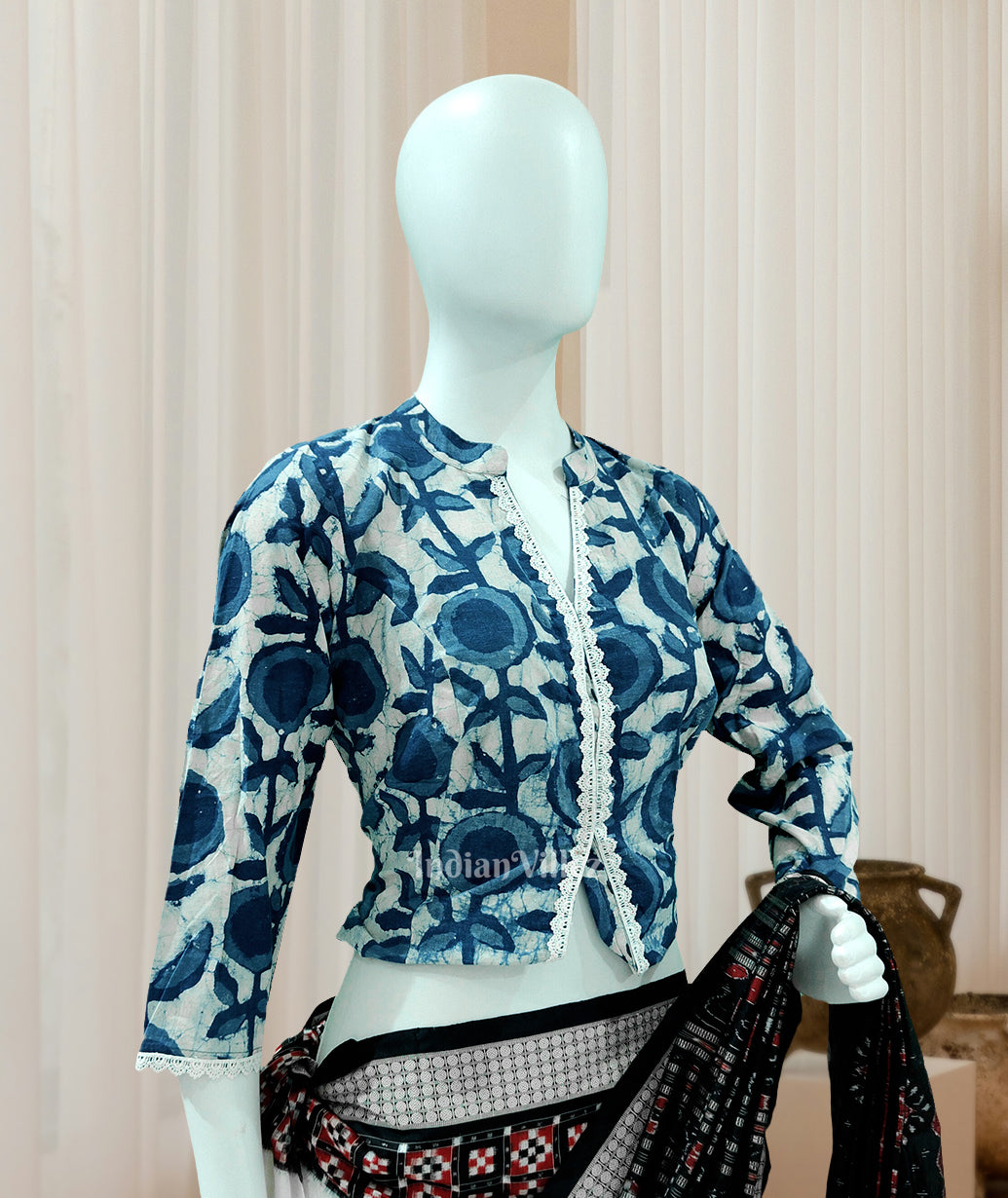 Light Blue Jodhpuri Block Print Cotton Blouse