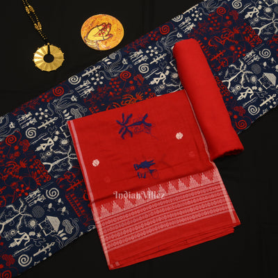Blue Red Tribal Design Sambalpuri Cotton Dress set with Dupatta