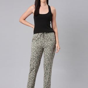 Women Printed Green Cotton Knit Lounge Pants