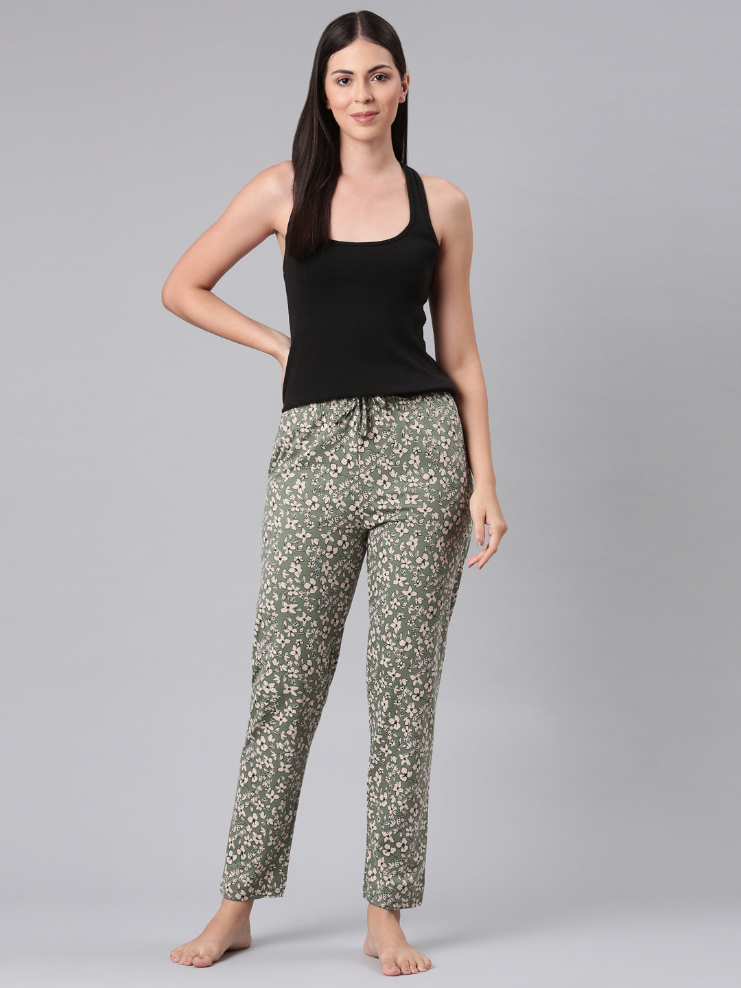 Women Printed Green Cotton Knit Lounge Pants