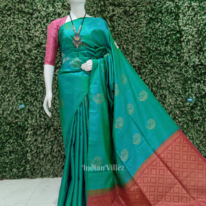 Sky Green With Pinkish Red Pure Kanjivaram Soft Silk Saree