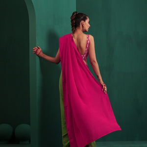 trueBrowns Green Pink Muslin Silk Ready To Wear Saree