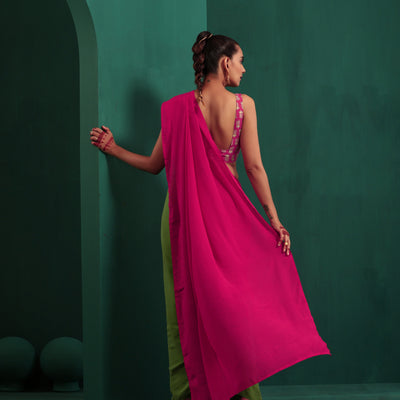 trueBrowns Green Pink Muslin Silk Ready To Wear Saree