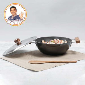 Ebony Hard Anodized 24 cm Wok with Lid 2.7 L | Ideal for Biryani, Pulao | Black