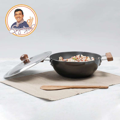 Ebony Hard Anodized 24 cm Wok with Lid 2.7 L | Ideal for Biryani, Pulao | Black