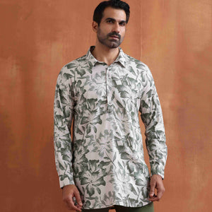 trueBrowns Men's Off White Printed Short Kurta