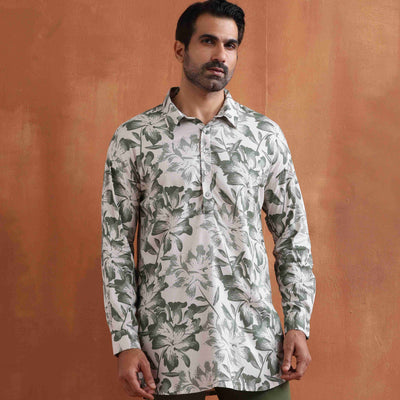 trueBrowns Men's Off White Printed Short Kurta