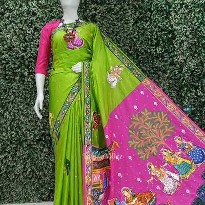 Green Pink Radha Krishna Hand-Painted Pattachitra Saree
