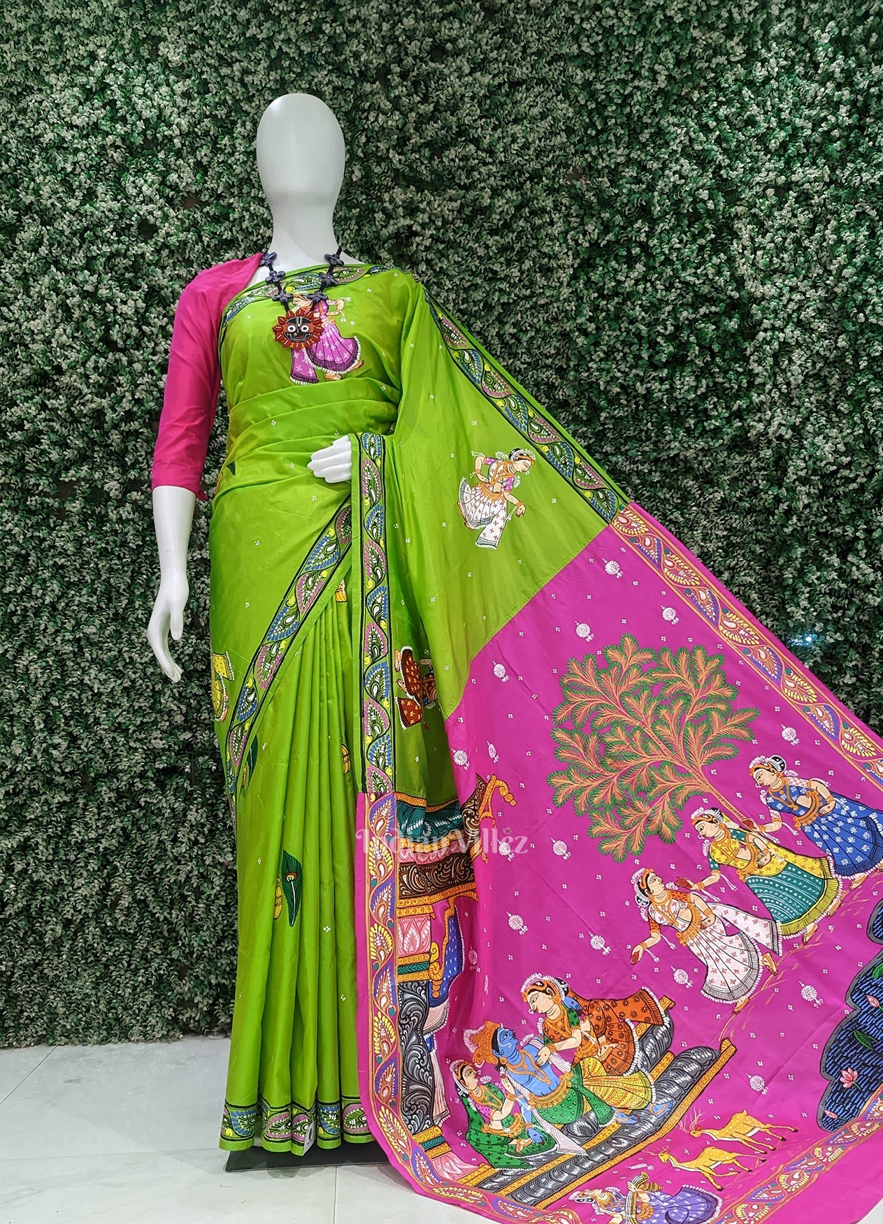 Green Pink Radha Krishna Hand-Painted Pattachitra Saree