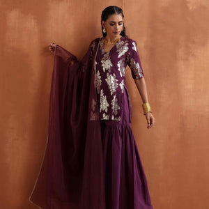 trueBrowns Purple Metallic Sharara Dupatta Set