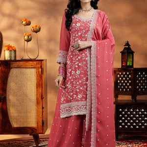 Coral Embroidered Silk Blend Straight Suit With Dupatta