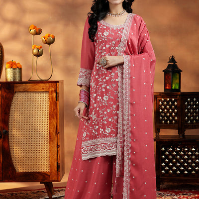 Coral Embroidered Silk Blend Straight Suit With Dupatta