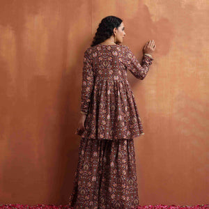 trueBrowns Brown Print Sharara Set