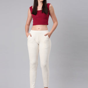 Women Solid Cream Mid Rise Corduroy Treggings