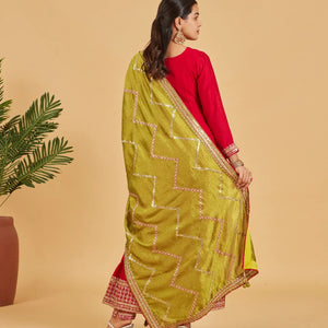 Bright Red Anarkali Set With Lime Green Dupatta
