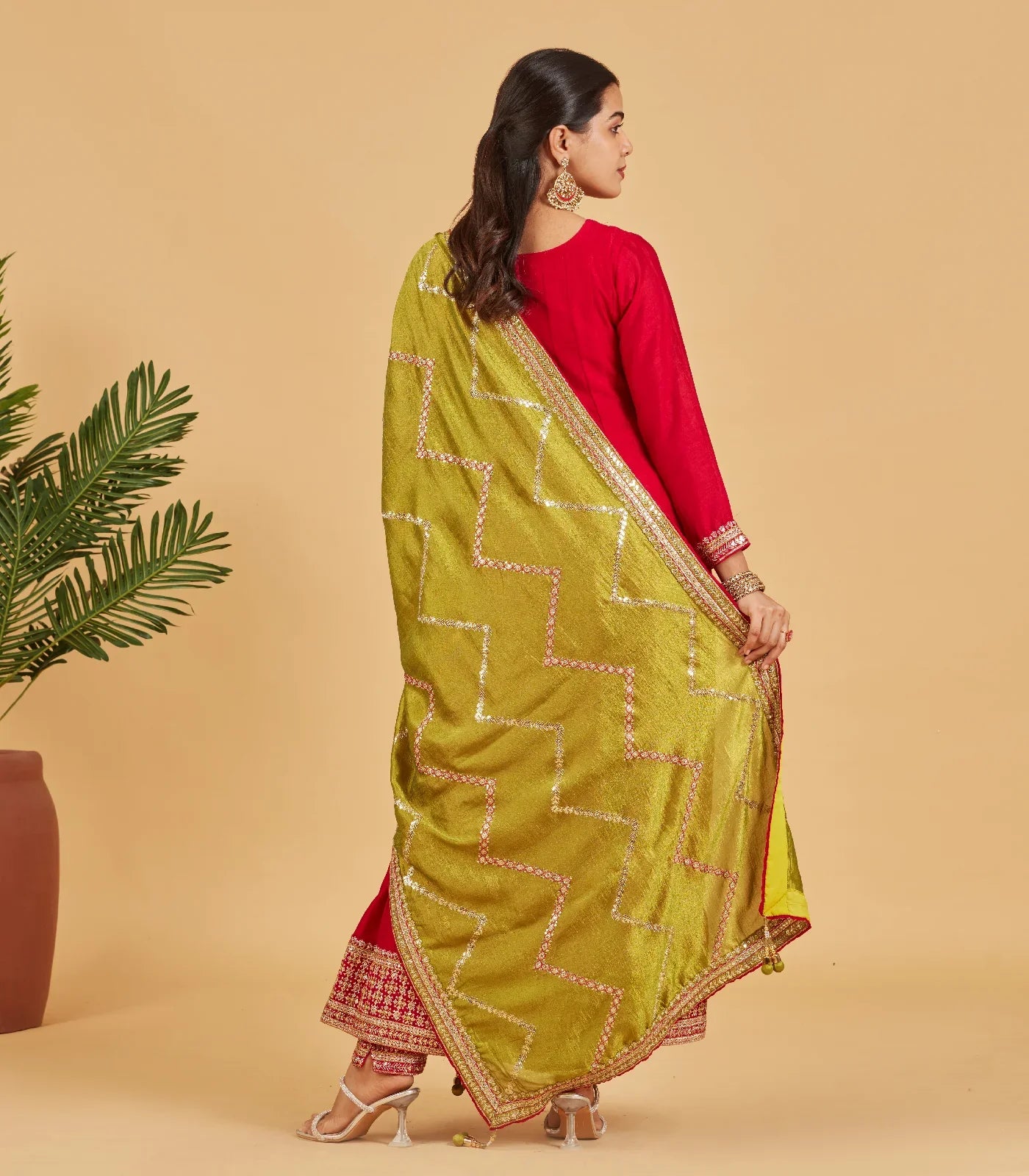 Bright Red Anarkali Set With Lime Green Dupatta