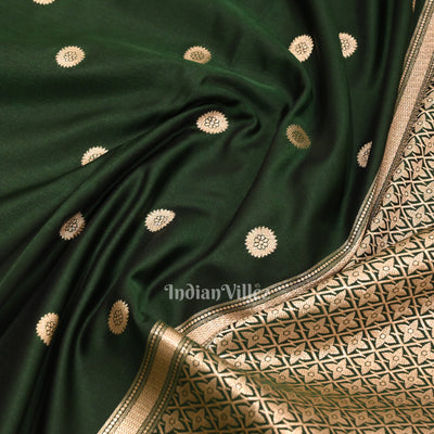 Bottle Green Floral Motif Mashru Satin Silk Banarasi Saree