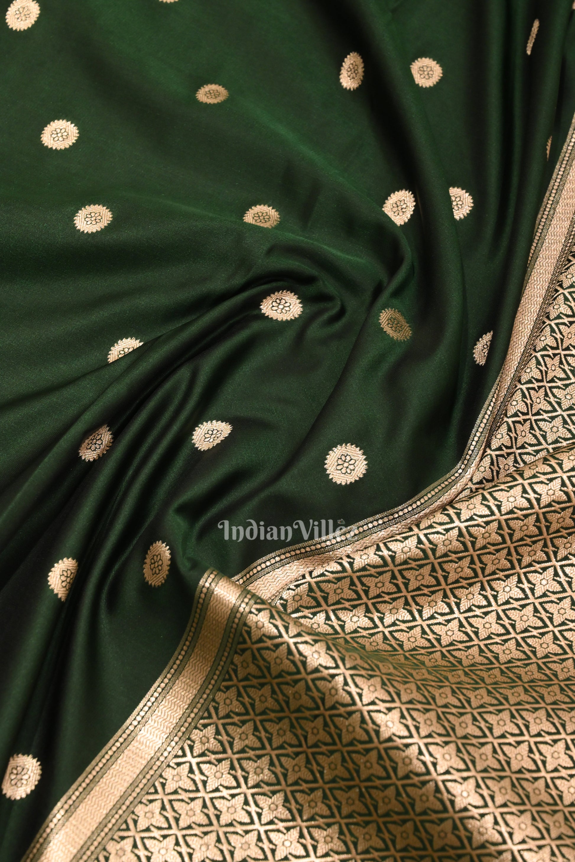 Bottle Green Floral Motif Mashru Satin Silk Banarasi Saree