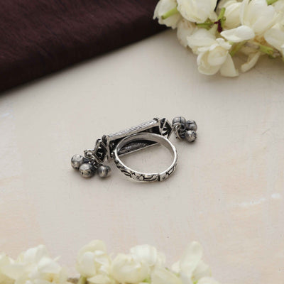 trueBrowns Silver Tone Rectangular Ghungroo Ring