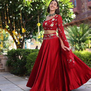 Rutvi Red Handpainted Satin Lehenga Set