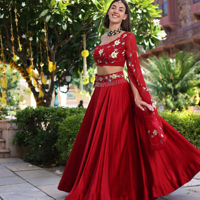 Rutvi Red Handpainted Satin Lehenga Set