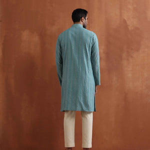 trueBrowns Men's Green Textured Cotton Dobby Kurta