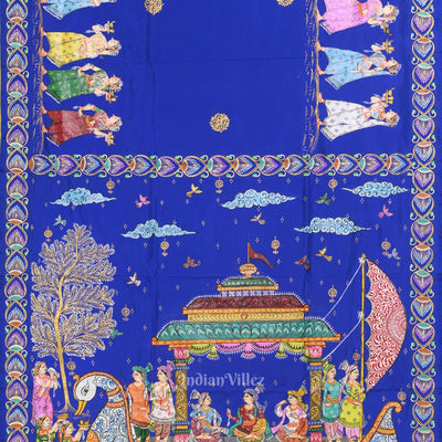 Royal Blue Yellow Boita Theme  Hand-Painted Pattachitra Saree