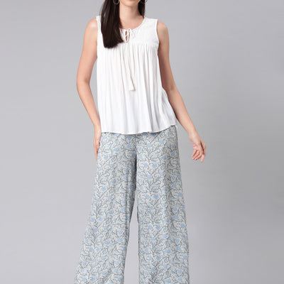 Women Blue Woven Viscose Mid Rise Printed Palazzo