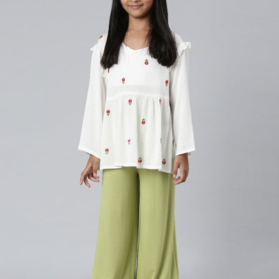 Girls Solid Light Pista Knit Palazzo