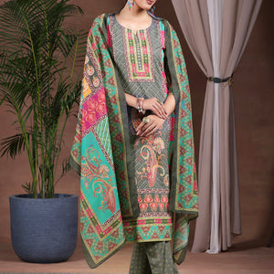 Grey Printed Poly Crepe Straight Suit With Dupatta