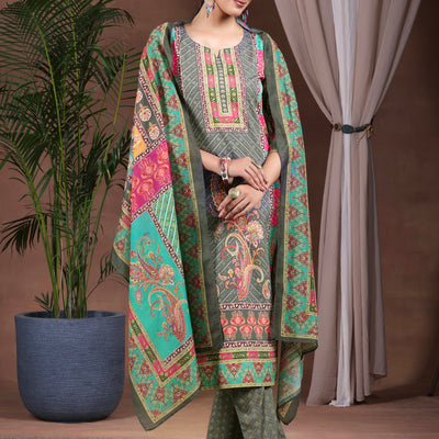 Grey Printed Poly Crepe Straight Suit With Dupatta