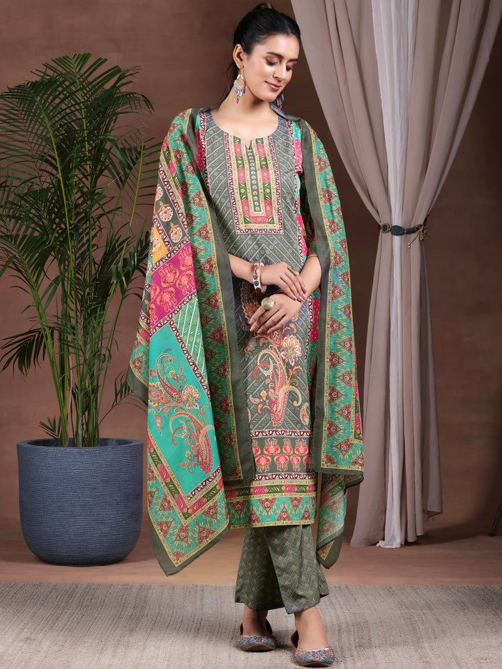 Grey Printed Poly Crepe Straight Suit With Dupatta