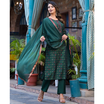 Bottle Green Floral Kantha Work Embroidered Chanderi Silk Salwar Suit