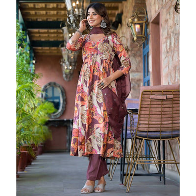 Coffee Brown Floral Foil Printed Muslin Alia Cut Salwar Suit With Handcrafted