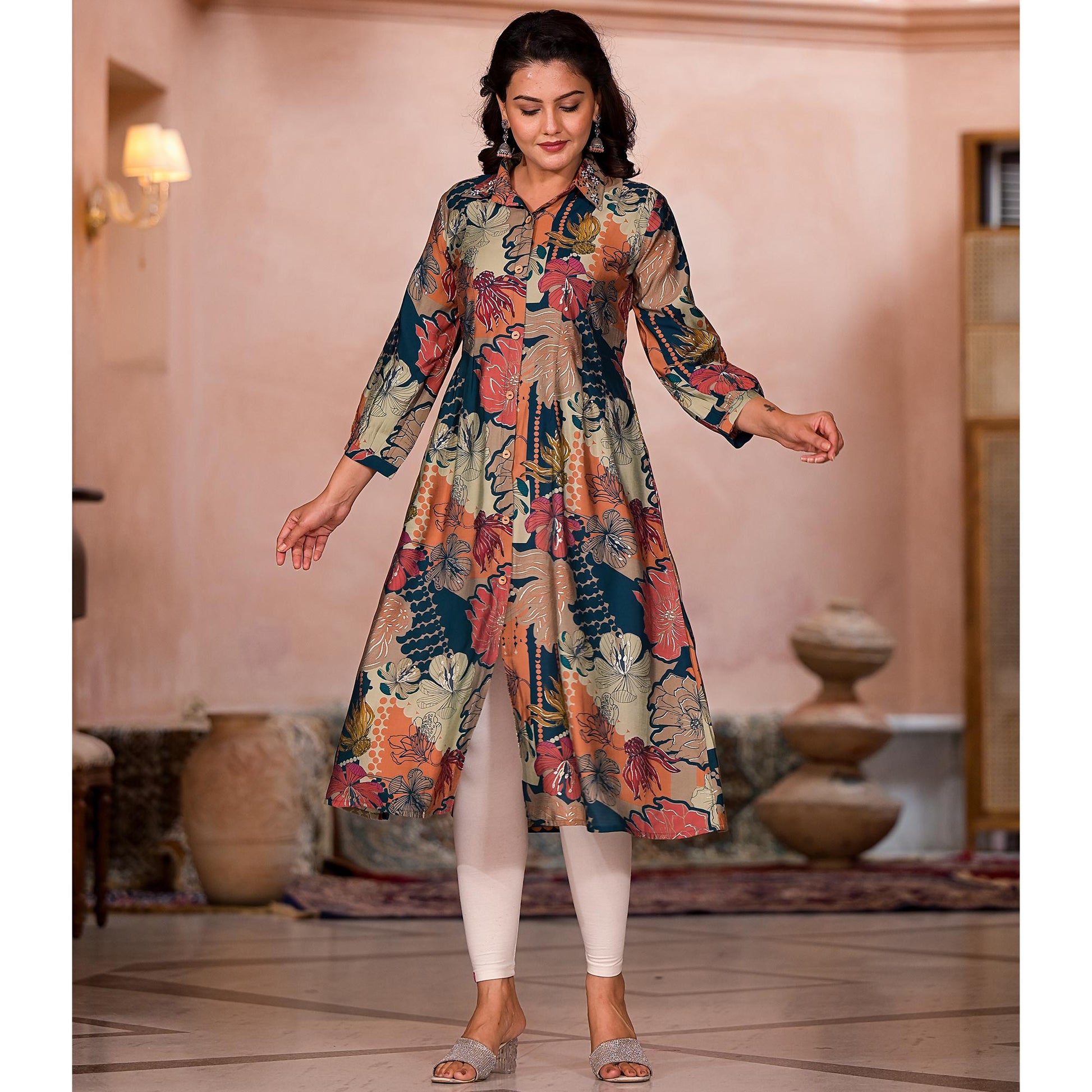 green-floral-printed-chanderi-silk-a-line-dress