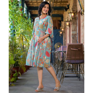 green-floral-foil-printed-chiffon-a-line-dress